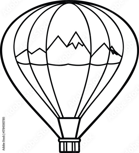 The silhouette of a hot air balloon floating above a simple, mountainous landscape..