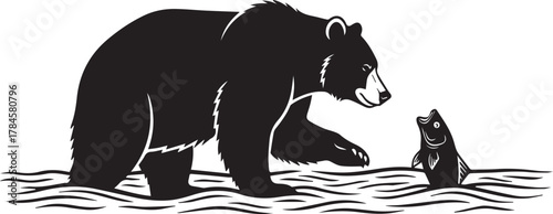 Majestic grizzly bear interacting with a small fish in a river wildlife scene