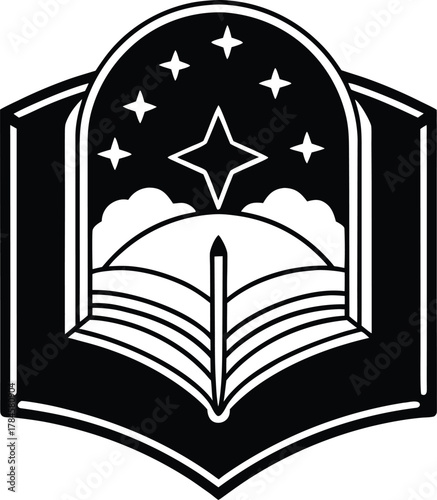 The silhouette of an open book with a magical portal or landscape escaping its pages..