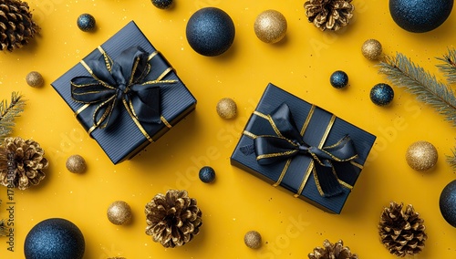 Dark blue gift boxes with gold ribbon, surrounded by Christmas decorations on a yellow background