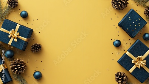 Holiday gifts and decorations on a mustard yellow background.  Dark blue boxes with gold ribbon, pinecones, ornaments, and sprigs of pine