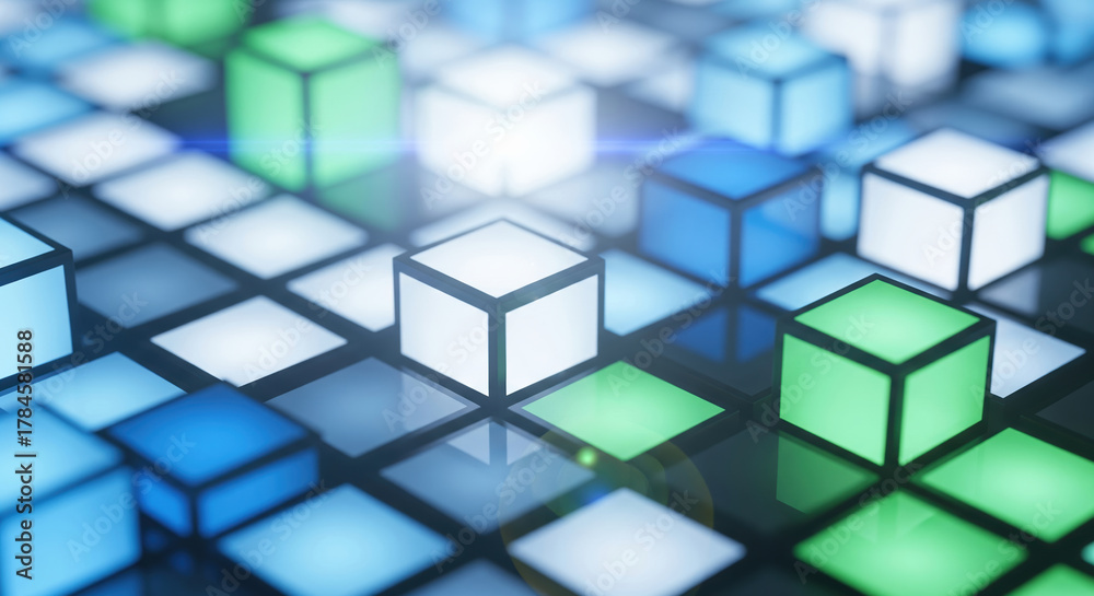 Obraz premium Abstract Colorful Cubes in a Dynamic Digital Grid Background for Creative Projects