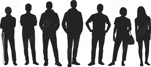 Silhouette casual people standing, varied postures and outfits, black vector icons, gesture study set, cad drawing flat vector illustration