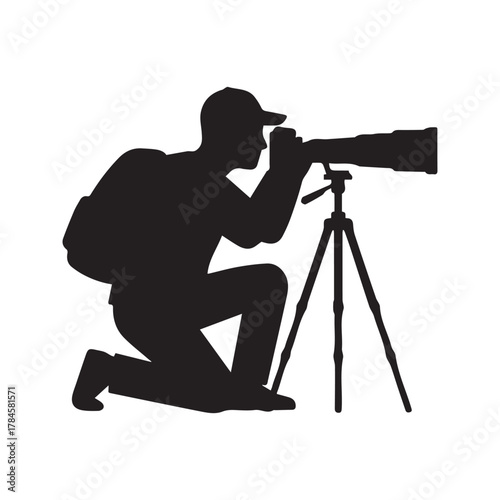 Silhouette of a photographer with a camera on a tripod. Crouching man with a backpack taking a picture. Vector illustration for nature, wildlife, or travel photography, isolated on white.
