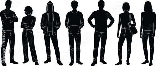 Silhouette casual people standing, varied postures and outfits, black vector icons, gesture study set, cad drawing flat vector illustration