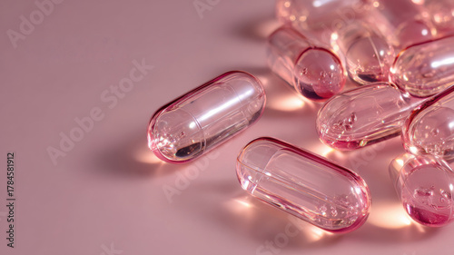 Close-up of pink capsules, illustrating medicine and health concepts. Capsules are scattered, creating a visual texture, perfect for healthcare promotions