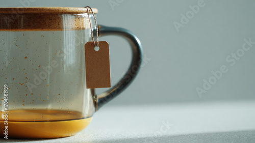 An empty mug with a blank label tag, ready to be filled with your favorite drink