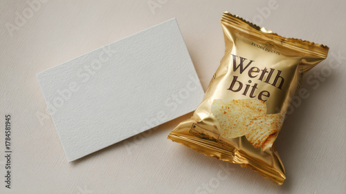 A close-up shot of a snack package and a blank business card, perfect for advertising or branding