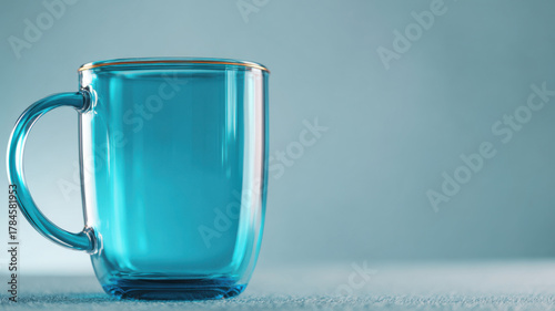 A transparent glass mug with a refreshing liquid inside. The mug is made of glass, allowing a view of the liquid with a clear and clean design