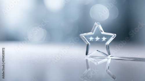 A sparkling glass star with three smaller stars, reflects on a glossy surface. It captures the essence of excellence and achievement