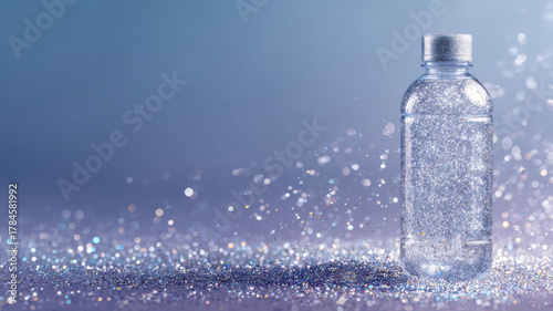 A refreshing bottle of water, illuminated with sparkling elements. A simple, yet elegant composition, showcasing hydration and purity