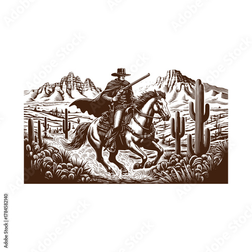  Lone Cowboy Riding Through the Desert – Vintage Western Engraving