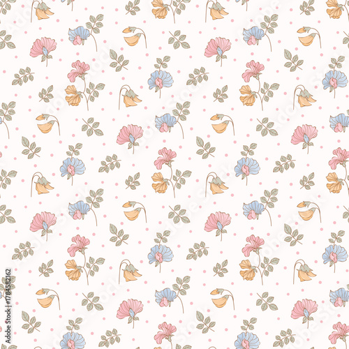 Hand drawn flower pattern, floral seamless pattern, cottagecore ditsy tile print, sweet flower print on light  background. Small flower style, pastel color, design for fashion, texture, fabric