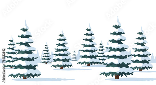 A serene winter landscape illustration featuring a forest of snow-covered evergreen fir trees on a simple white background