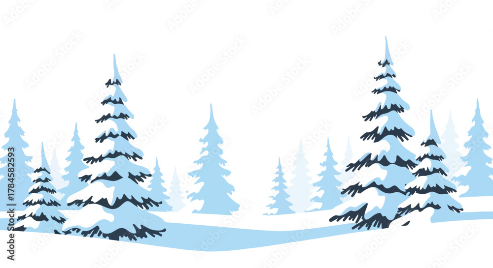 Fototapeta premium Winter forest scene with snow covered pine trees in a snowy landscape for holiday season