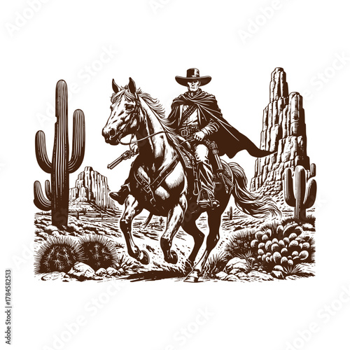  Lone Cowboy Riding Through the Desert – Vintage Western Engraving