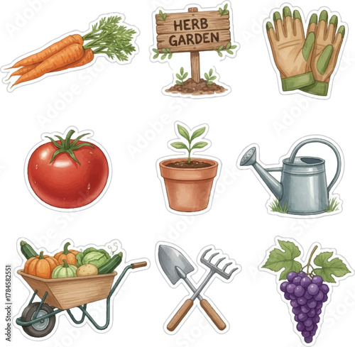 Watercolor Fresh Produce and Gardening Tools Stickers