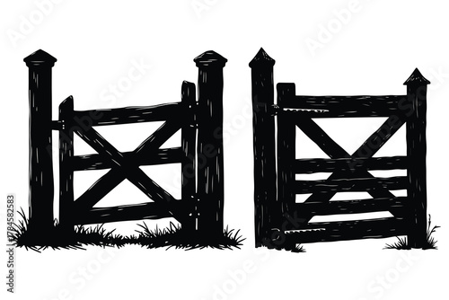Black silhouette of two wooden farm gates with grass