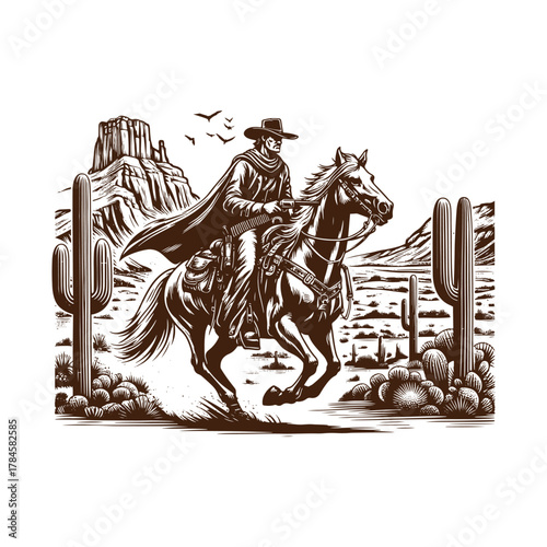  Lone Cowboy Riding Through the Desert – Vintage Western Engraving