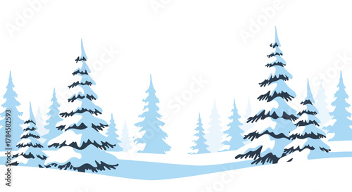 Winter forest scene with snow covered pine trees in a snowy landscape for holiday season 