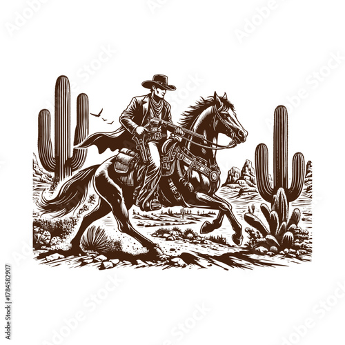  Lone Cowboy Riding Through the Desert – Vintage Western Engraving