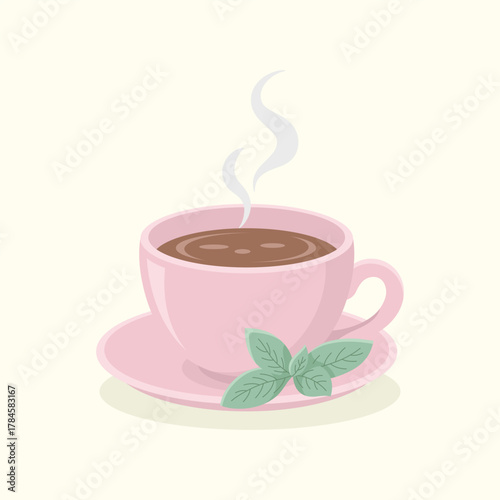 Pink ceramic cup of organic herbal tea with saucer and mint leaves. Teatime element vector illustration.