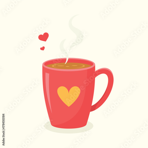 Red mug of hot drink with cute heart. Teatime element, coffee break vector illustration.
