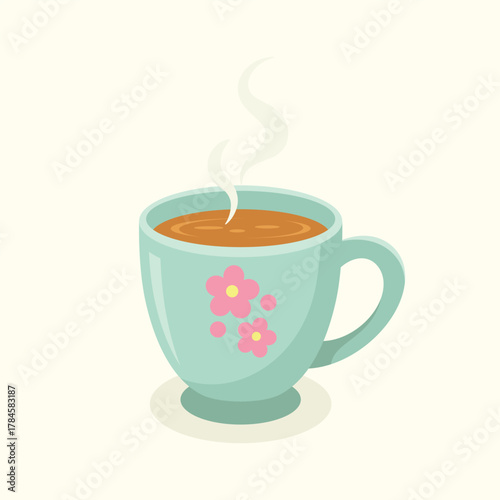 Green mug of hot drink with cute flowers. Teatime element, coffee break vector illustration.