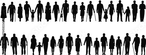Silhouette diverse people standing, inclusive posture icons, black vector art, disability representation, cad drawing flat vector illustration
