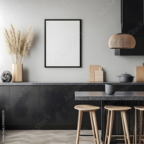 Minimalist scandinavian kitchen interior design with blank vertical frame mockup above dark cabinet and counter light wall decor