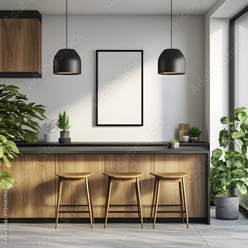 Modern minimalist kitchen interior design with wood counter three bar stools blank vertical poster frame mockup and green plants.