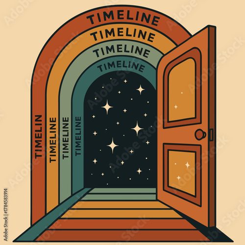 Creative illustration of an open door leading to a starry timeline in vibrant colors