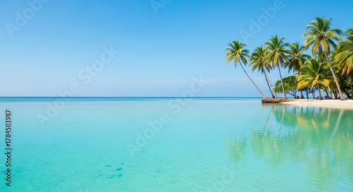 Fototapeta Naklejka Na Ścianę i Meble -  Stunning tropical island paradise with crystal clear turquoise ocean water reflecting lush palm trees on a pristine white sand beach