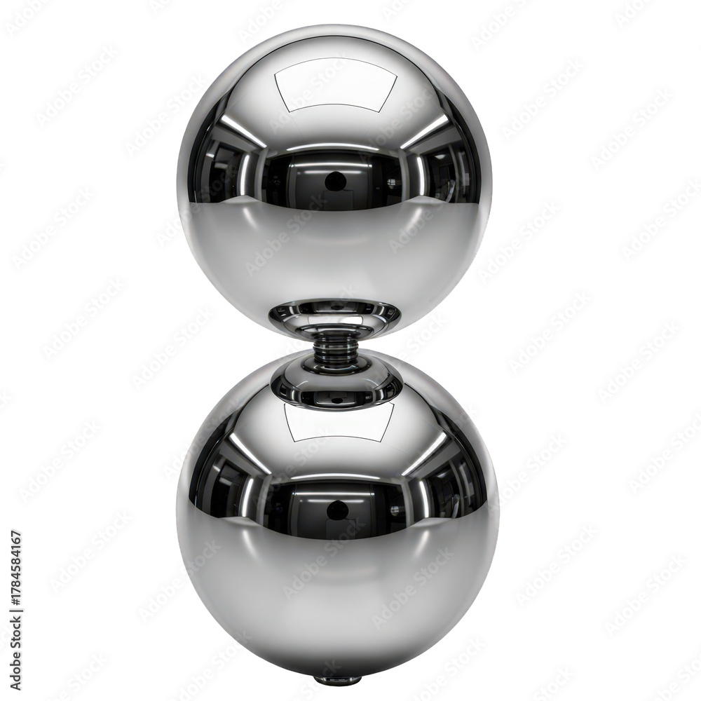 Fototapeta premium A mesmerizing 3d render of two chrome balls stacked, isolated on transparent background, reflecting light and showcasing a sleek, modern aesthetic