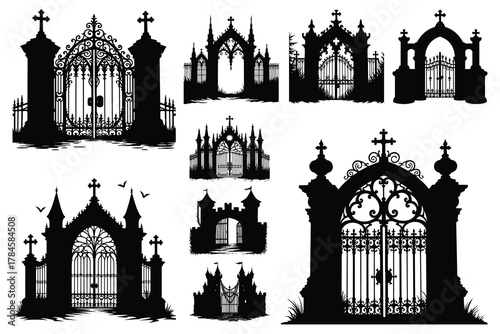 Collection of gothic cemetery gates and castle entrances