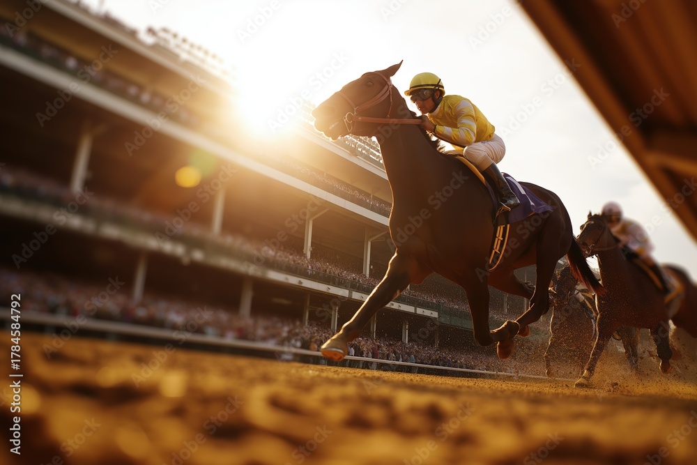 Naklejka premium a dramatic moment of the race, a close-up shot of the action at full speed on his horse with the jockey wearing yellow and white gear.