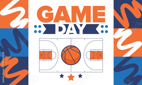Game Day. Basketball playoff in March. Super sport party in United States. Final games of season tournament. Professional team championship. Ball for basketball. Sport poster. Vector