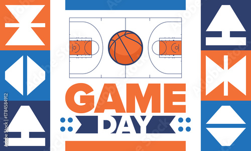 Game Day. Basketball playoff in March. Super sport party in United States. Final games of season tournament. Professional team championship. Ball for basketball. Sport poster. Vector
