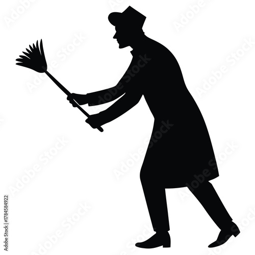 Silhouette Of Hotel Page Boy Cleaning Dust Using Feather Duster Isolated