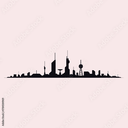 Dark silhouette of a futuristic city skyline with varied buildings and towers against a pale pink background