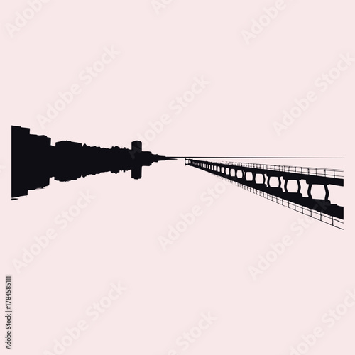 Black silhouette of a pier extending into calm water with a city skyline reflection bridge