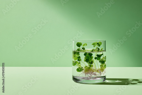 A modern, minimalist image featuring a clear glass with vibrant green plants submerged in water, set against a soft green background.