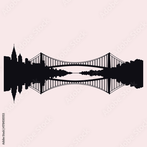 Black silhouette of a suspension bridge and city skyline reflected in water on a pale pink background