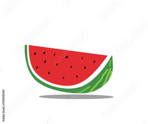 Colorful vector illustration of a watermelon slice with green rind, yellow inner layer, and red flesh containing black seeds. Simple and flat cartoon design suitable for summer, fruit, or food themes.