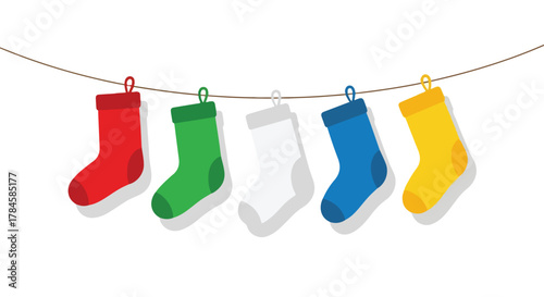 A charming illustration of five brightly colored Christmas stockings hanging on a line, creating a festive holiday decoration perfect for winter celebrations