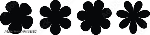 Four black flower shapes with varying petal arrangements, creating a floral design. The flowers are arranged in a row and have a simple, elegant appearance on white background.
