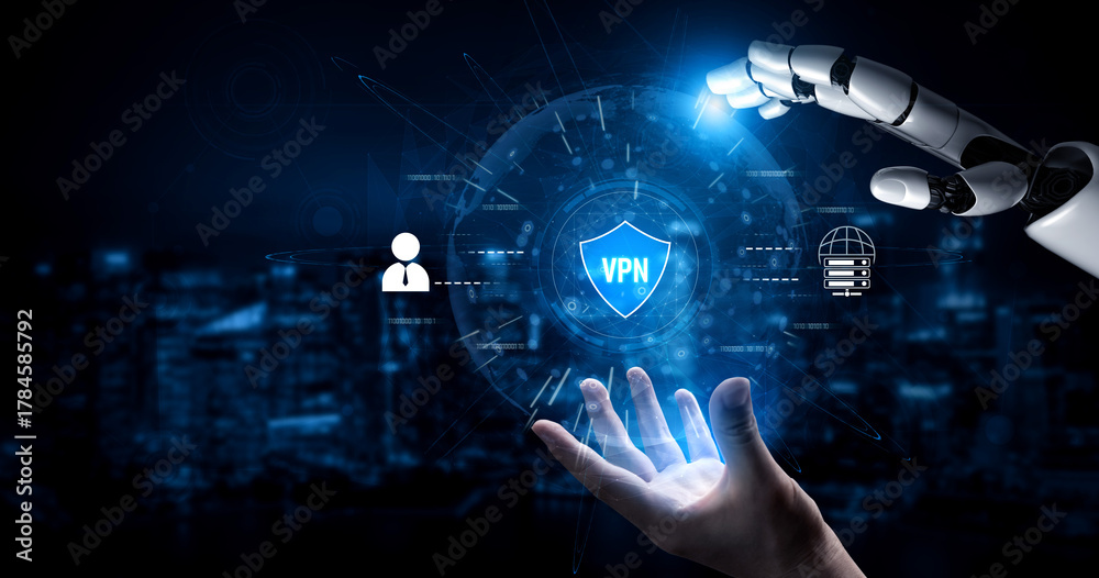 Fototapeta premium AI improves VPN by monitoring traffic, detecting risks, encrypting sessions, and optimizing routing to ensure private, secure, and efficient network access. Vouch