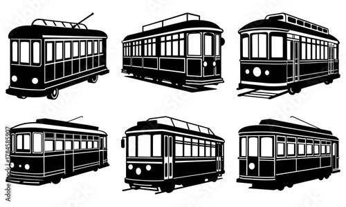 Vintage trolley car collection: Classic transportation for historical designs. Nostalgic streetcars evoke travel and heritage, ideal for urban themes