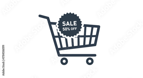 Clean vector illustration of a shopping cart icon featuring a vibrant 'SALE 50% OFF' badge, perfect for retail promotions and online discount marketing concepts