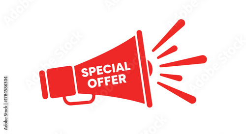 Dynamic vector graphic illustration of a red megaphone broadcasting a special offer, symbolizing important announcements, promotions, and marketing campaigns